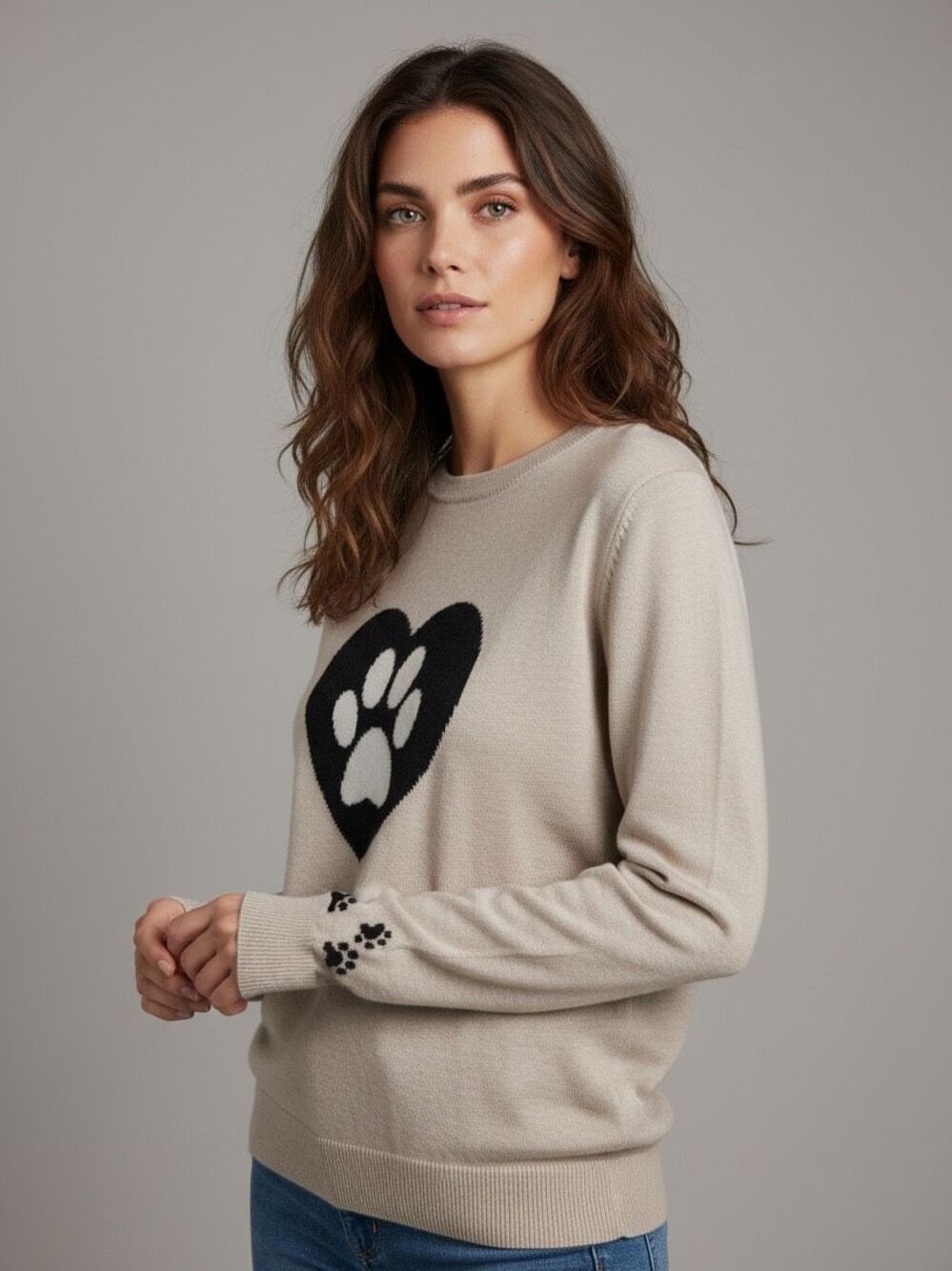 Alashan Paw Print Sweater Size Small Cotton Cashmere Tan Dog Lover
